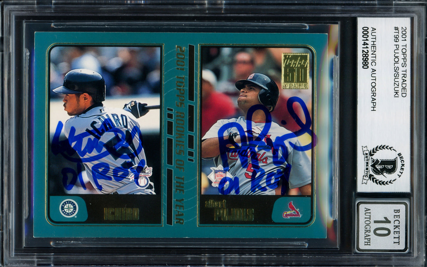 Albert Pujols & Ichiro Suzuki Autographed 2001 Topps Traded Rookie Card #T99 Auto Grade Gem Mint 10 "01 ROY" Beckett BAS #14128980