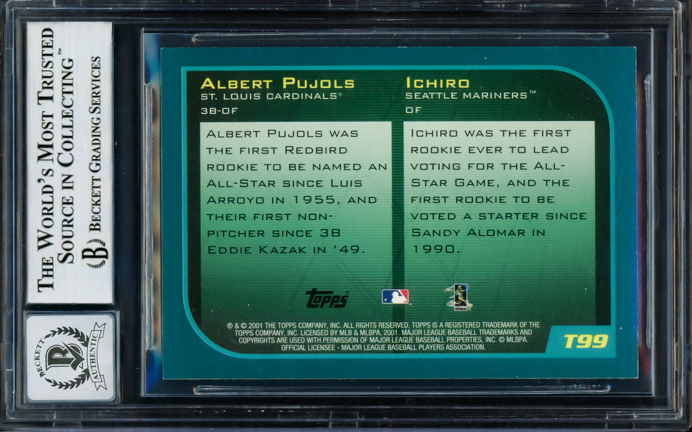 Albert Pujols & Ichiro Suzuki Autographed 2001 Topps Traded Rookie Card #T99 Auto Grade Gem Mint 10 "01 ROY" Beckett BAS #14128980