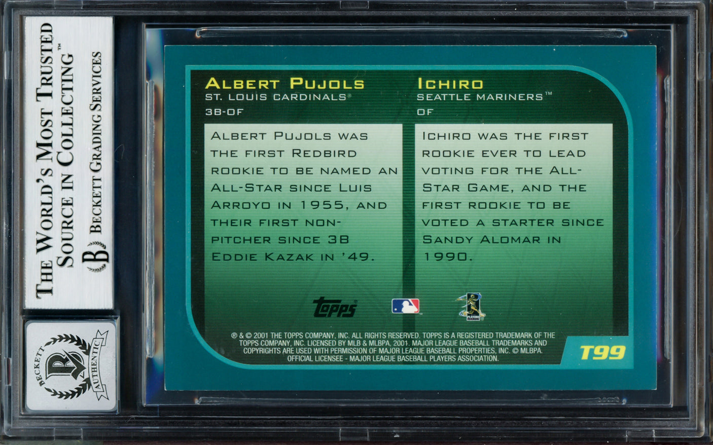 Albert Pujols & Ichiro Suzuki Autographed 2001 Topps Traded Rookie Card #T99 Auto Grade Gem Mint 10 "01 ROY" Beckett BAS #14128977