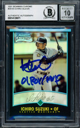 Ichiro Suzuki Autographed 2001 Bowman Chrome Refractor Japanese Rookie Card #351 Seattle Mariners Auto Grade Gem Mint 10 "01 ROY/MVP" Beckett BAS #14129071
