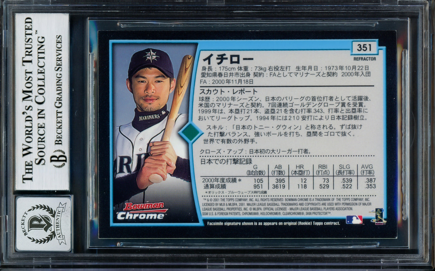 Ichiro Suzuki Autographed 2001 Bowman Chrome Refractor Japanese Rookie Card #351 Seattle Mariners Auto Grade Gem Mint 10 "01 ROY/MVP" Beckett BAS #14129071