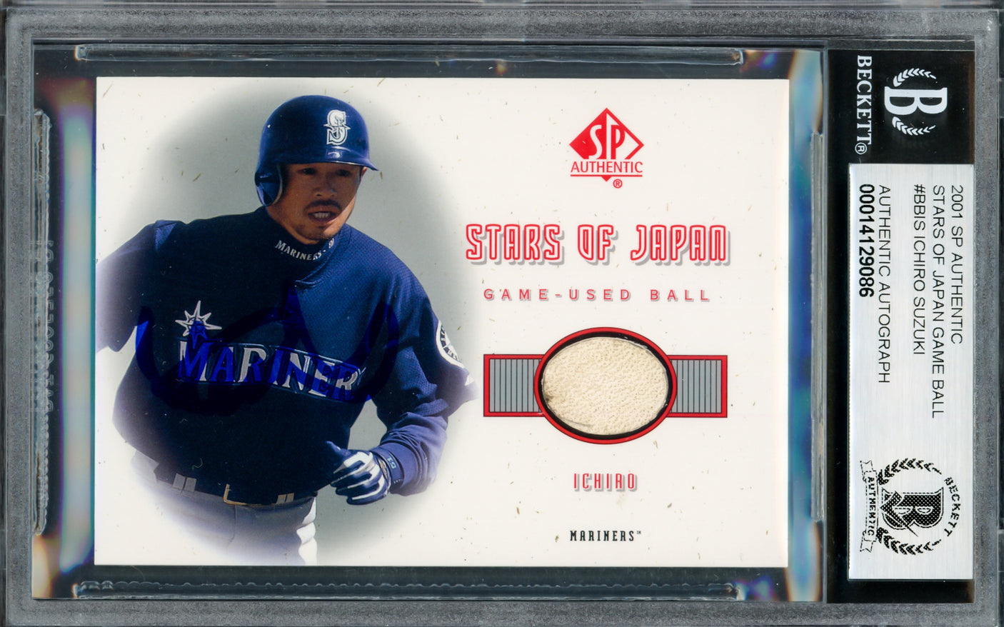 Ichiro Suzuki Autographed 2001 SP Authentic Stars of Japan Game Used Ball Rookie Card #BB-IS Seattle Mariners Auto Grade Gem Mint 10 Beckett BAS #14129086