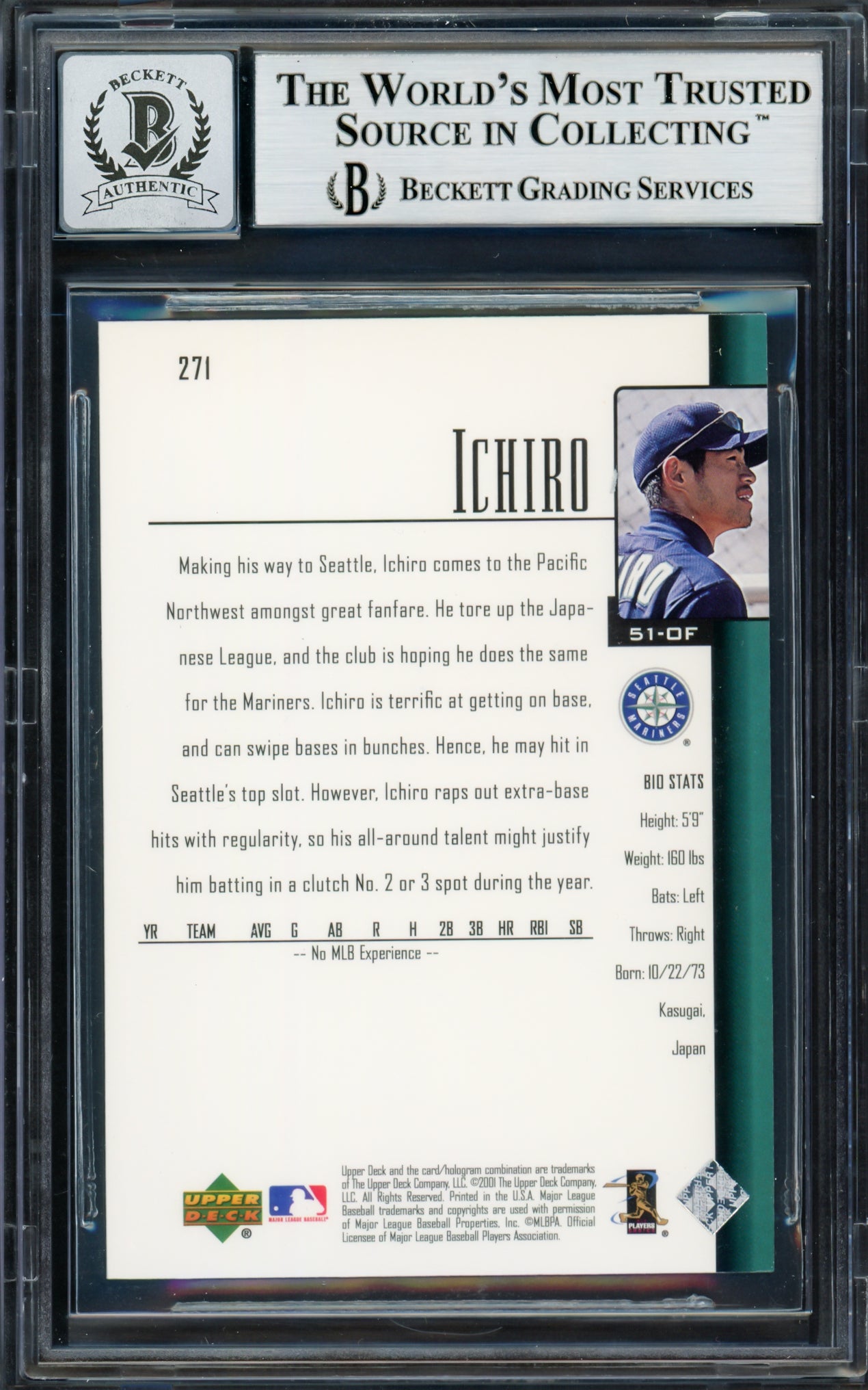 Ichiro Suzuki Autographed 2001 Upper Deck Rookie Card #271 Seattle Mariners Auto Grade Gem Mint 10 (Chipped Bottom) Beckett BAS #14129272