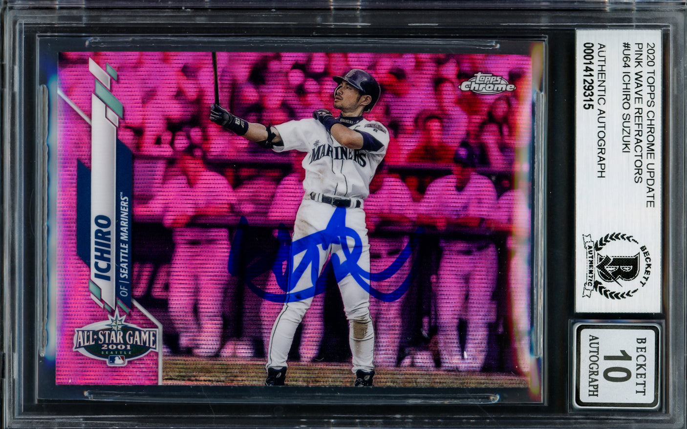 Ichiro Suzuki Autographed 2020 Topps Chrome Update Pink Wave Refractor Card #U-64 Seattle Mariners Auto Grade Gem Mint 10 Beckett BAS #14129315