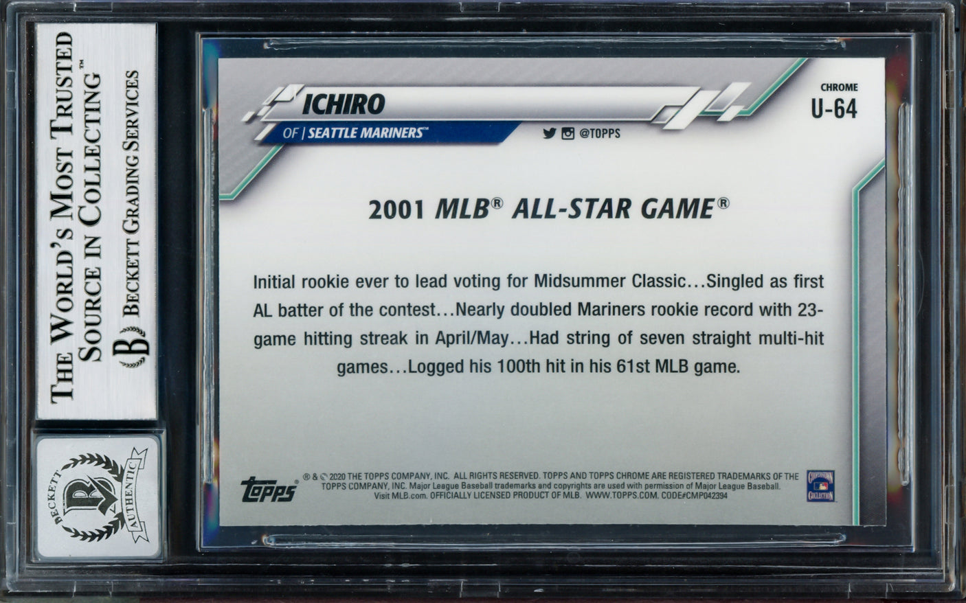 Ichiro Suzuki Autographed 2020 Topps Chrome Update Pink Wave Refractor Card #U-64 Seattle Mariners Auto Grade Gem Mint 10 Beckett BAS #14129315