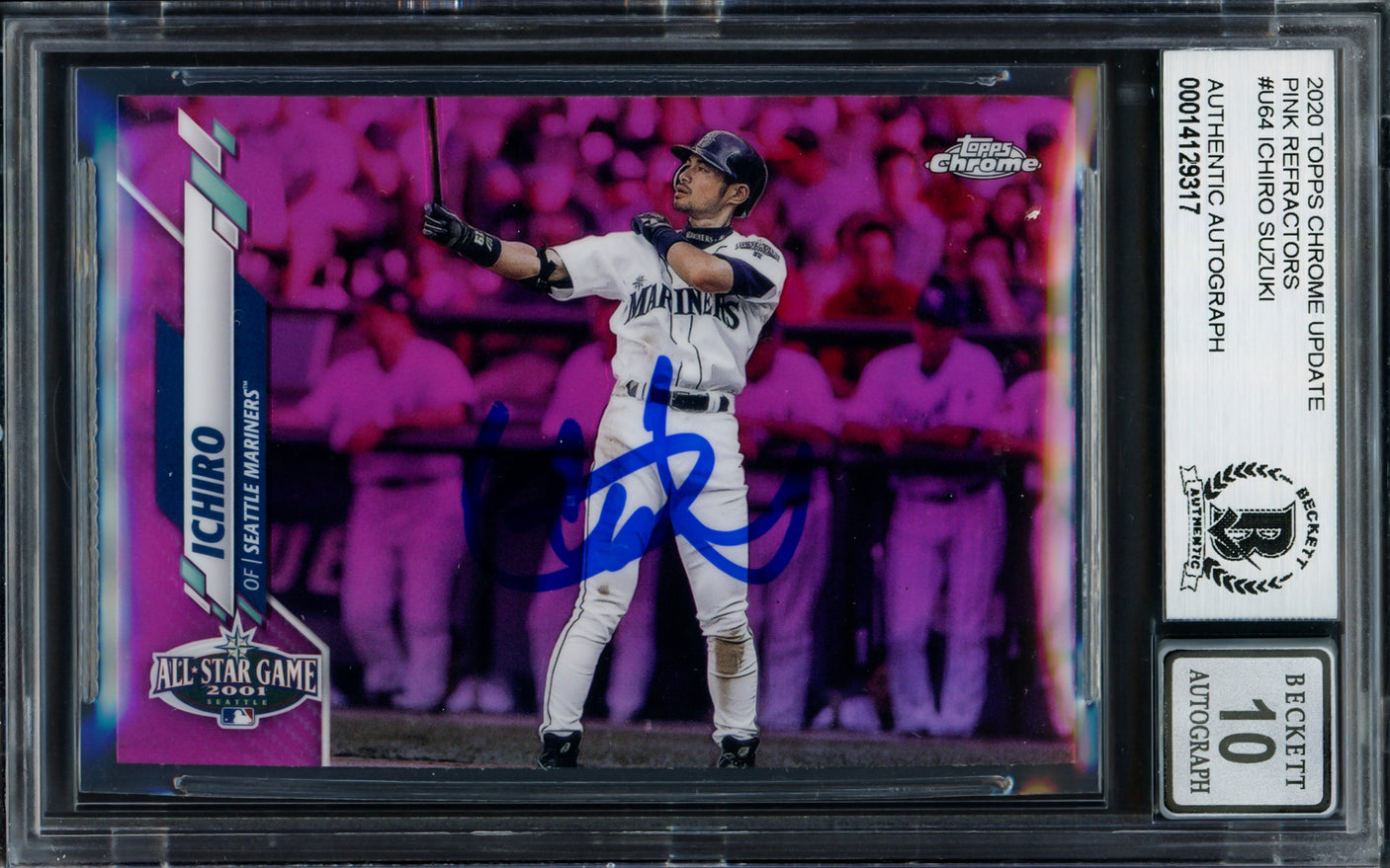 Ichiro Suzuki Autographed 2020 Topps Chrome Update Pink Refractor Card #U-64 Seattle Mariners Auto Grade Gem Mint 10 Beckett BAS #14129317