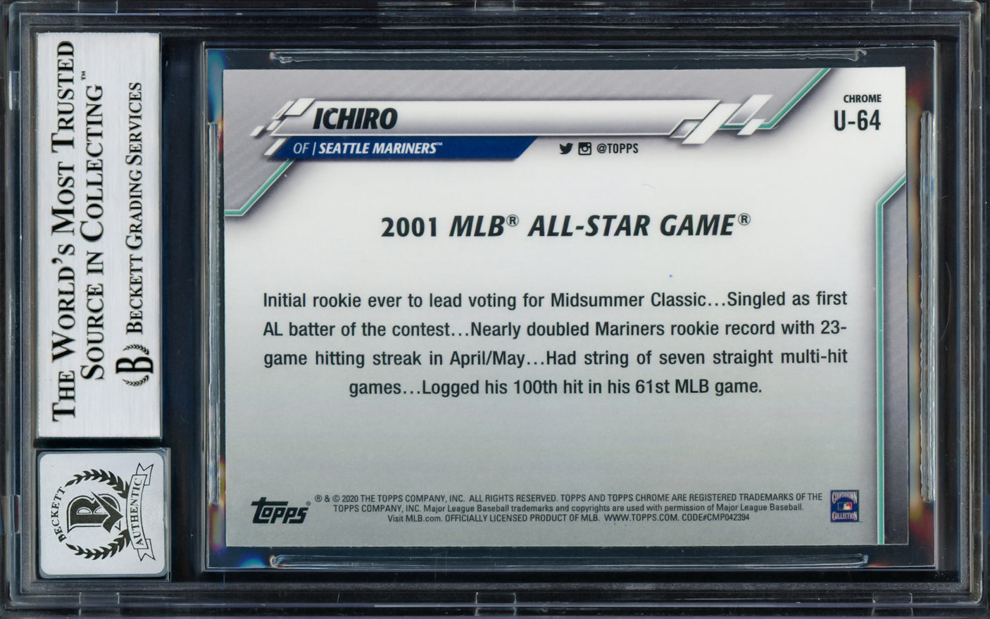 Ichiro Suzuki Autographed 2020 Topps Chrome Update Pink Refractor Card #U-64 Seattle Mariners Auto Grade Gem Mint 10 Beckett BAS #14129317