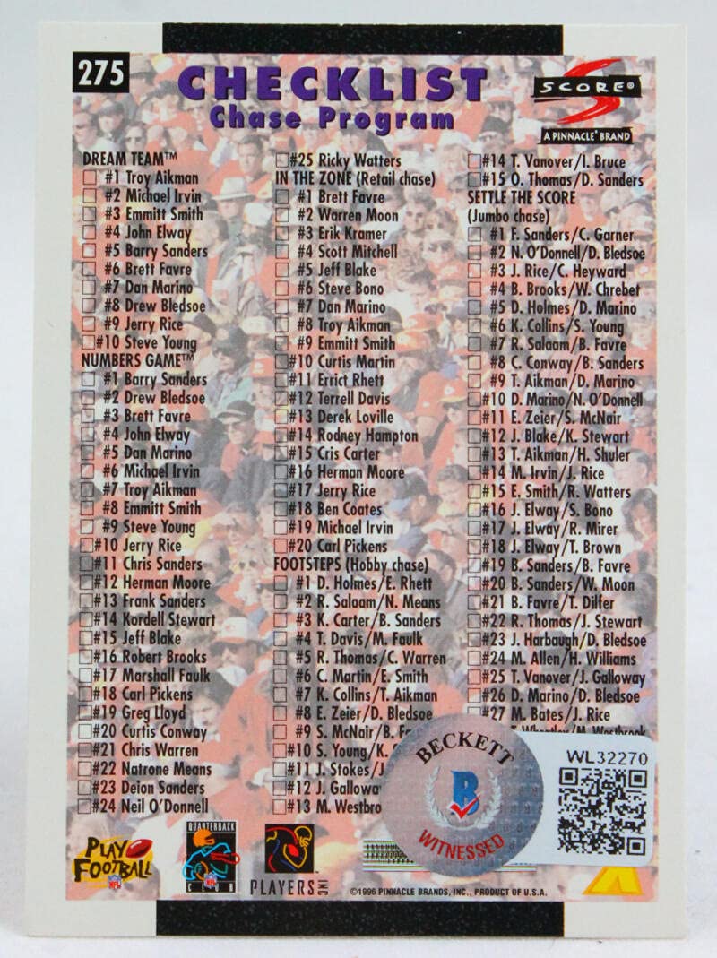 1996 Score Checklist #275 Emmitt Smith Cowboys Autograph Beckett Witness
