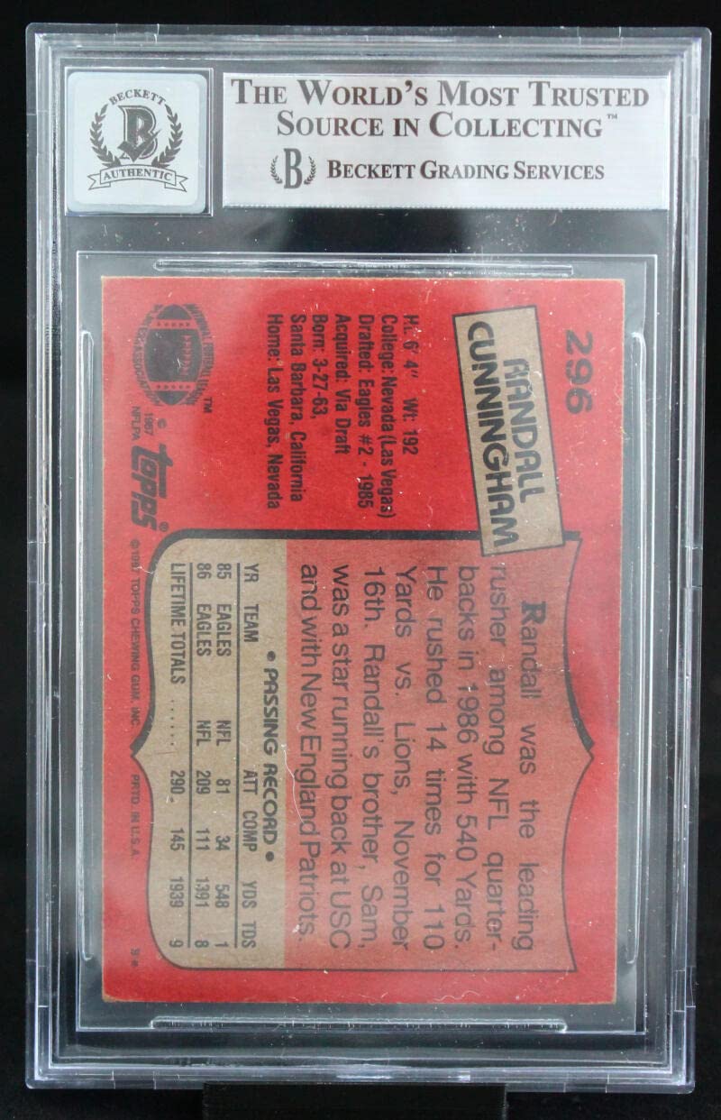 1987 Topps #296 Randall Cunningham Philadelphia Eagles BGS Autograph 10