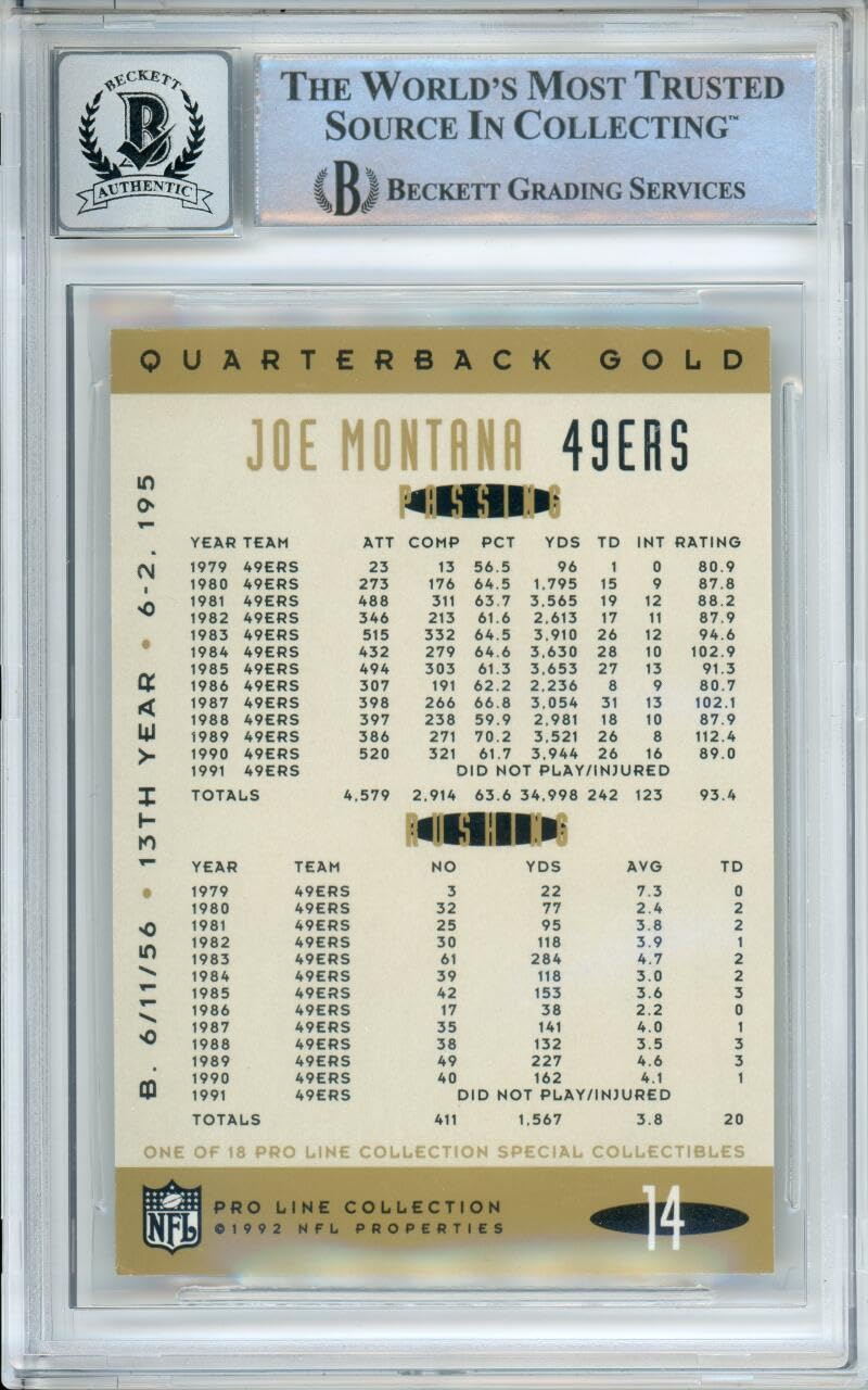 1992 Pro Line Portraits QB Gold #14 Joe Montana San Francisco 49ers BGS Auto 10