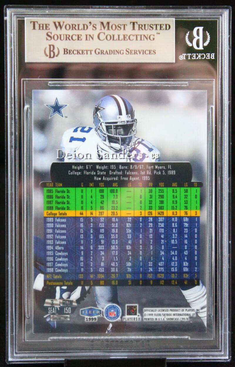 1999 Flair Showcase #150 Deion Sanders Dallas Cowboys BGS Autograph 10