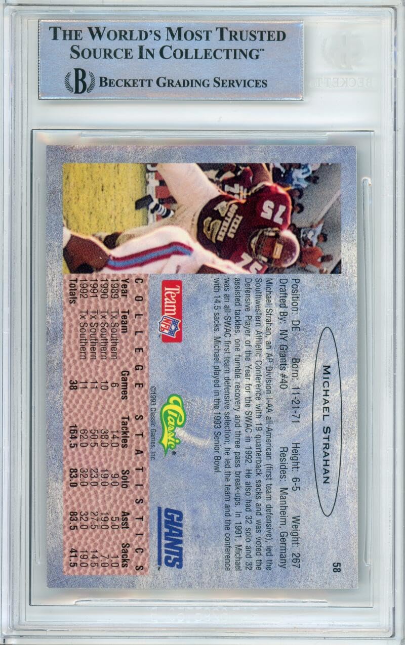 1993 Classic #58 Michael Strahan RC New York Giants BGS Autograph 10