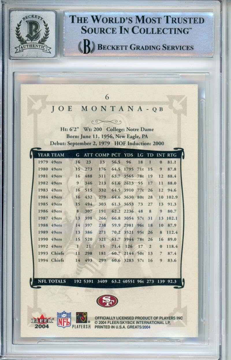 2004 Fleer Greats of the Game #6 Joe Montana Auto San Francisco 49ers BGS Auto