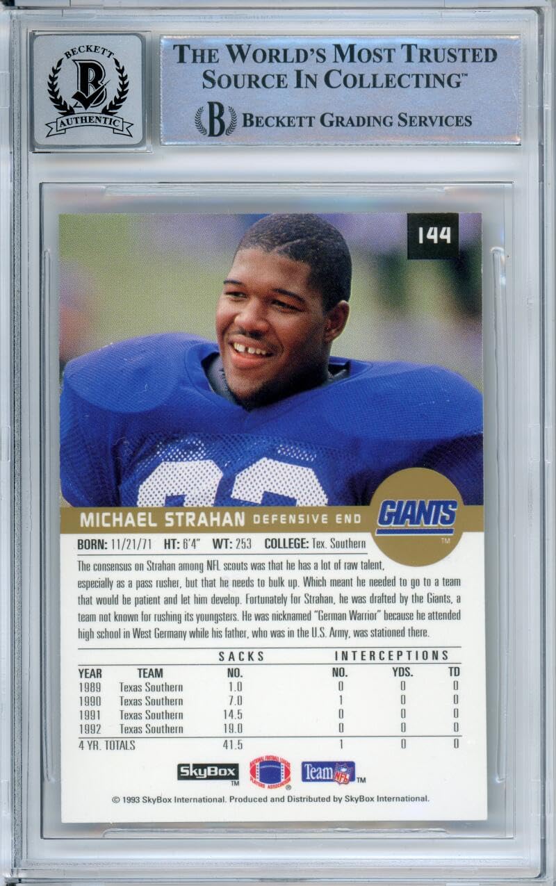 1993 Skybox Premium #144 Michael Strahan RC New York Giants BGS Autograph 10