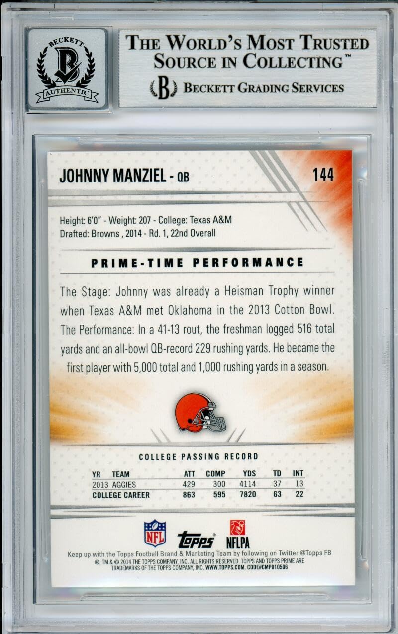 2014 Topps Prime #144A Johnny Manziel RC Cleveland Browns BGS Autograph 10