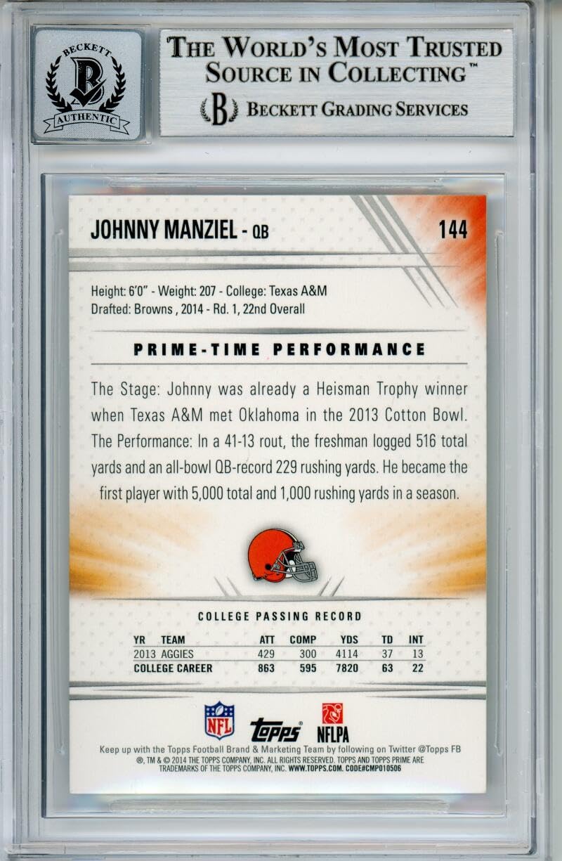 2014 Topps Prime #144A Johnny Manziel RC Cleveland Browns BGS Autograph 10