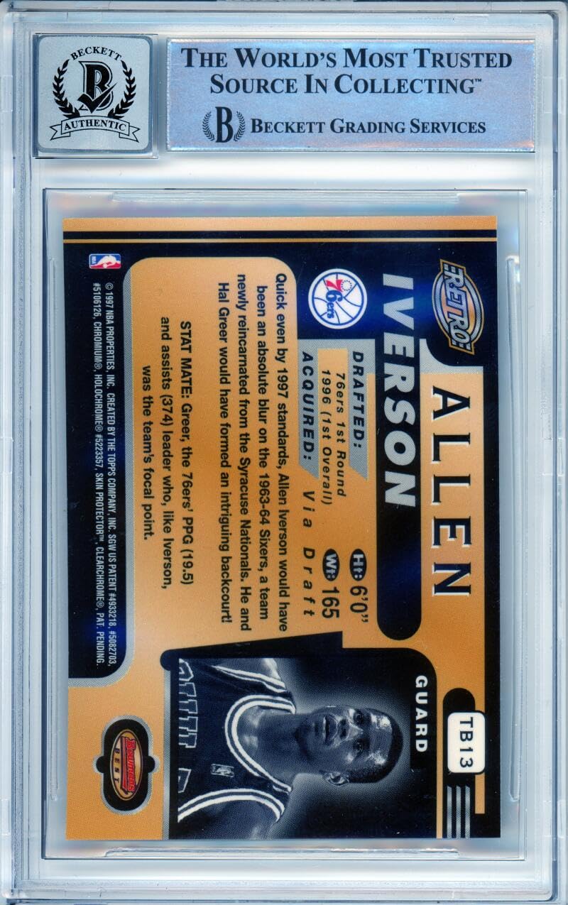 1996-97 Bowman's Best Retro #TB13 Allen Iverson RC 76ers BGS Autograph 10