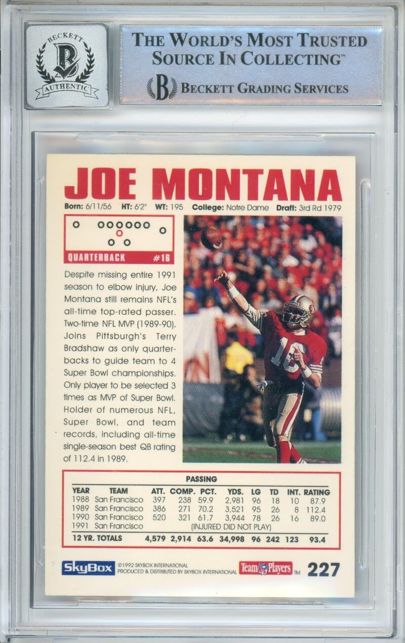 1992 Skybox Impact #227 Joe Montana San Francisco 49ers BGS Autograph 10