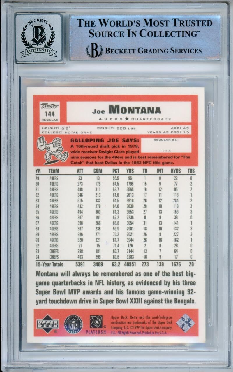 1999 Upper Deck Retro #144 Joe Montana Auto San Francisco 49ers BGS Autograph 10