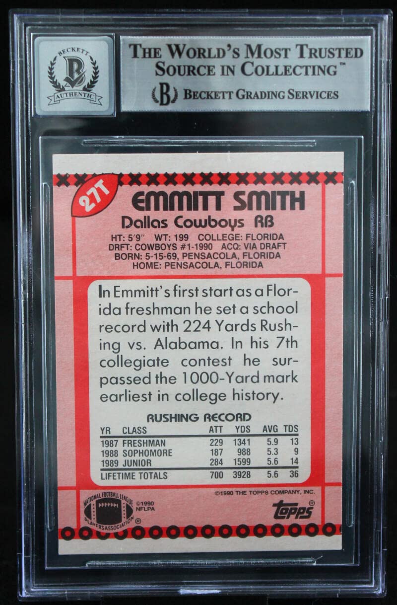 1990 Topps Traded #27T Emmitt Smith Auto Dallas Cowboys BGS Autograph 10