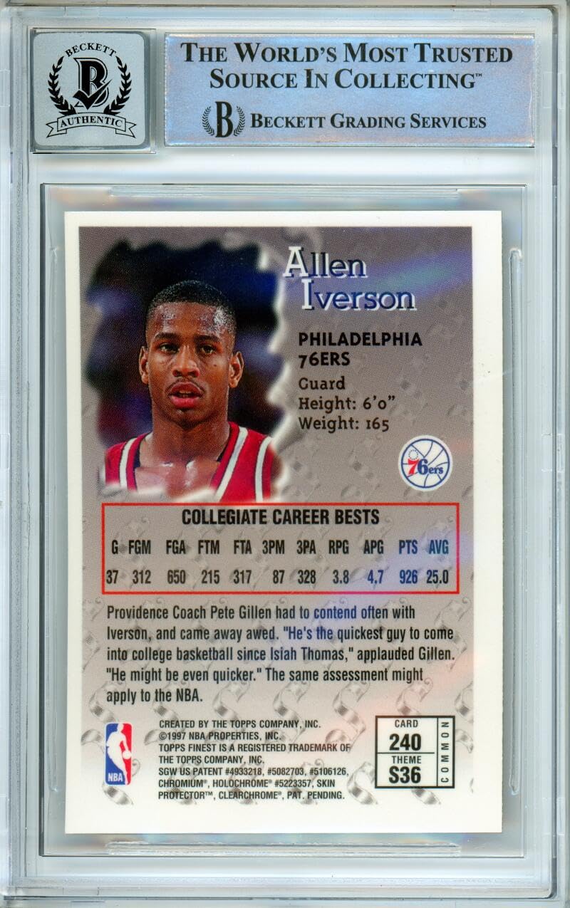1996-97 Topps Finest Sterling #240 Allen Iverson RC 76ers BGS Autograph 10