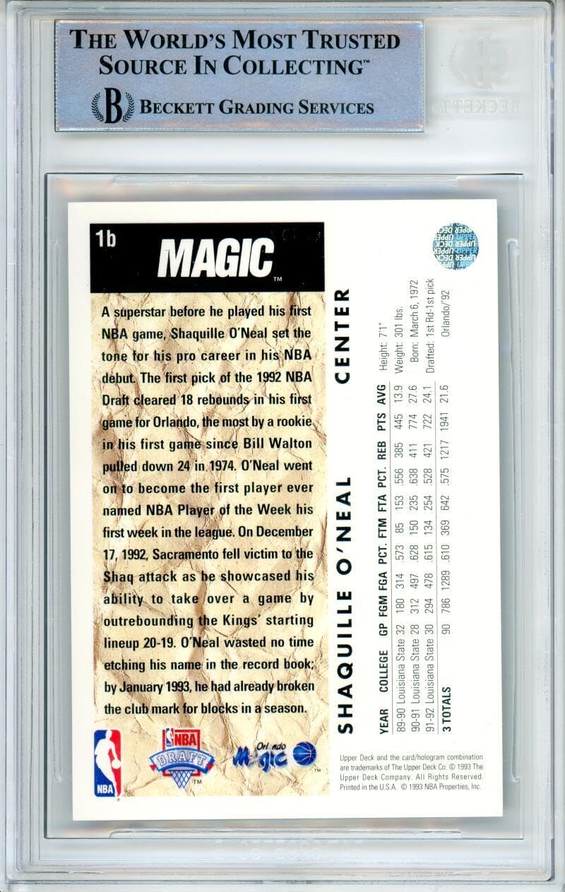 1992-93 Upper Deck #1B Shaquille O'neal Trade RC Orlando Magic BGS Autograph 10