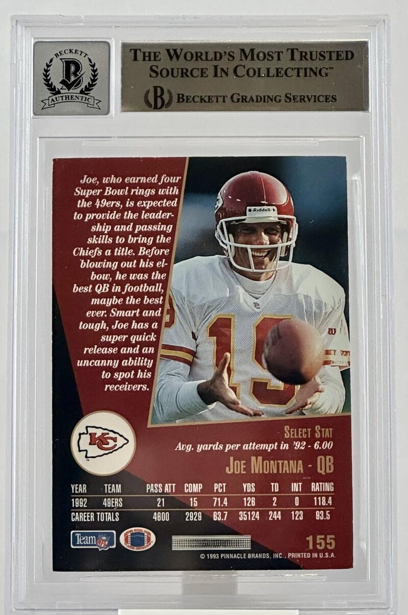 1993 Score Select #155 Joe Montana Auto Kansas City Chiefs BGS Autograph 10