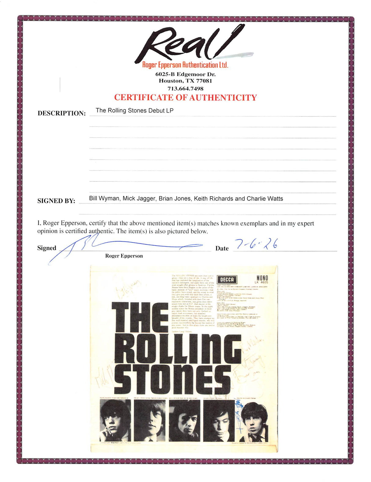 Rolling Stones (5) Jagger, Richards, Jones, Watts & Wyman Signed Album Cover BAS