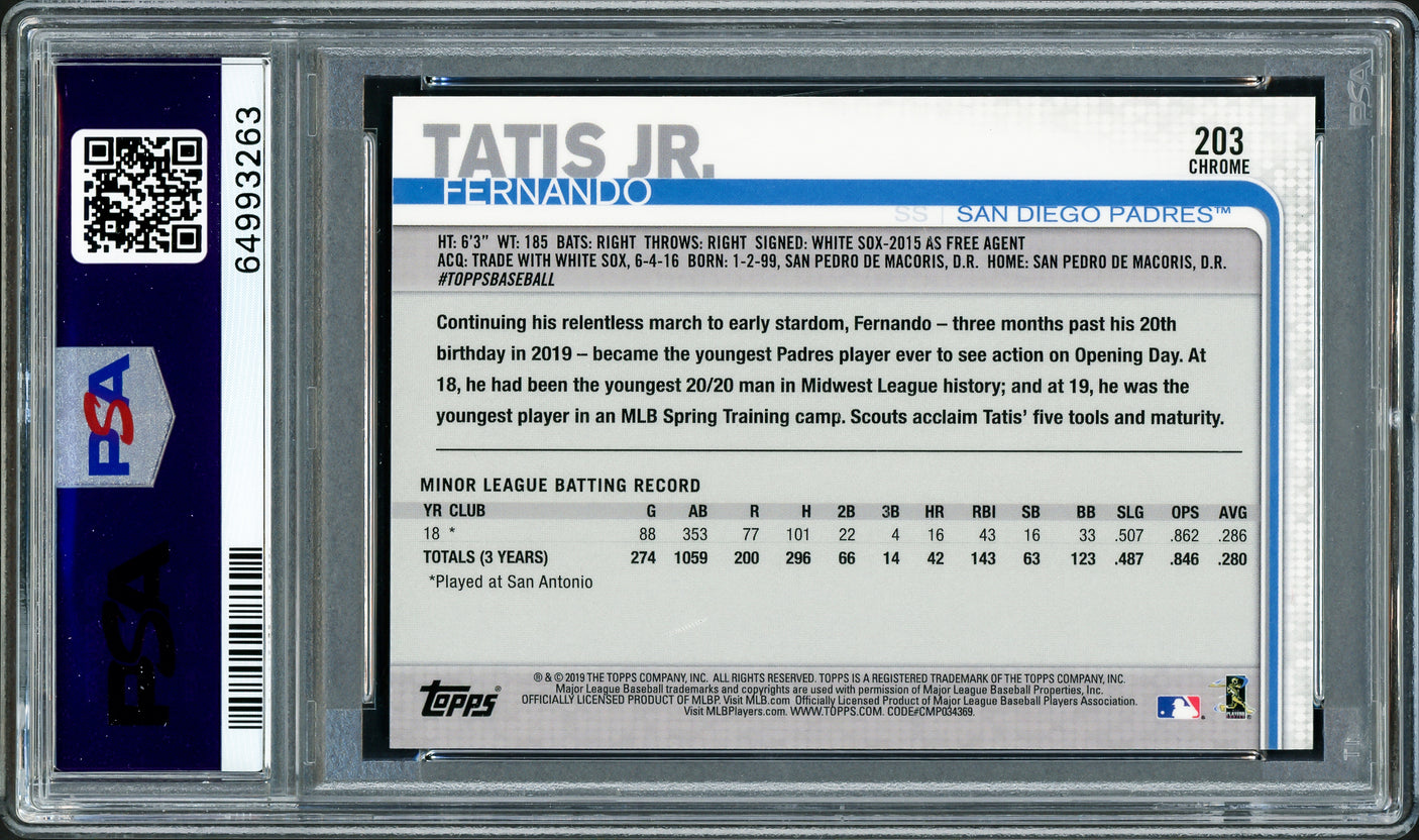 Fernando Tatis Jr. Autographed 2019 Topps Chrome Rookie Card #203 San Diego Padres PSA 10 (Bubbling) PSA/DNA #64993263