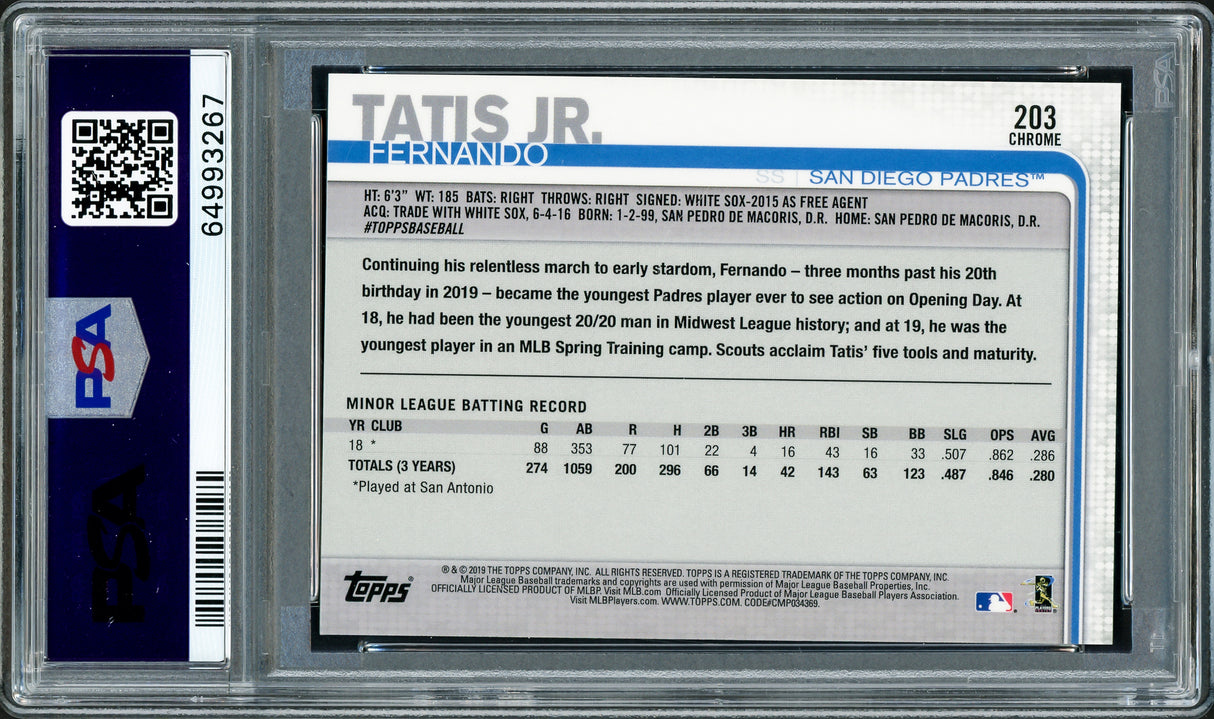 Fernando Tatis Jr. Autographed 2019 Topps Chrome Rookie Card #203 San Diego Padres PSA 9 PSA/DNA #64993267