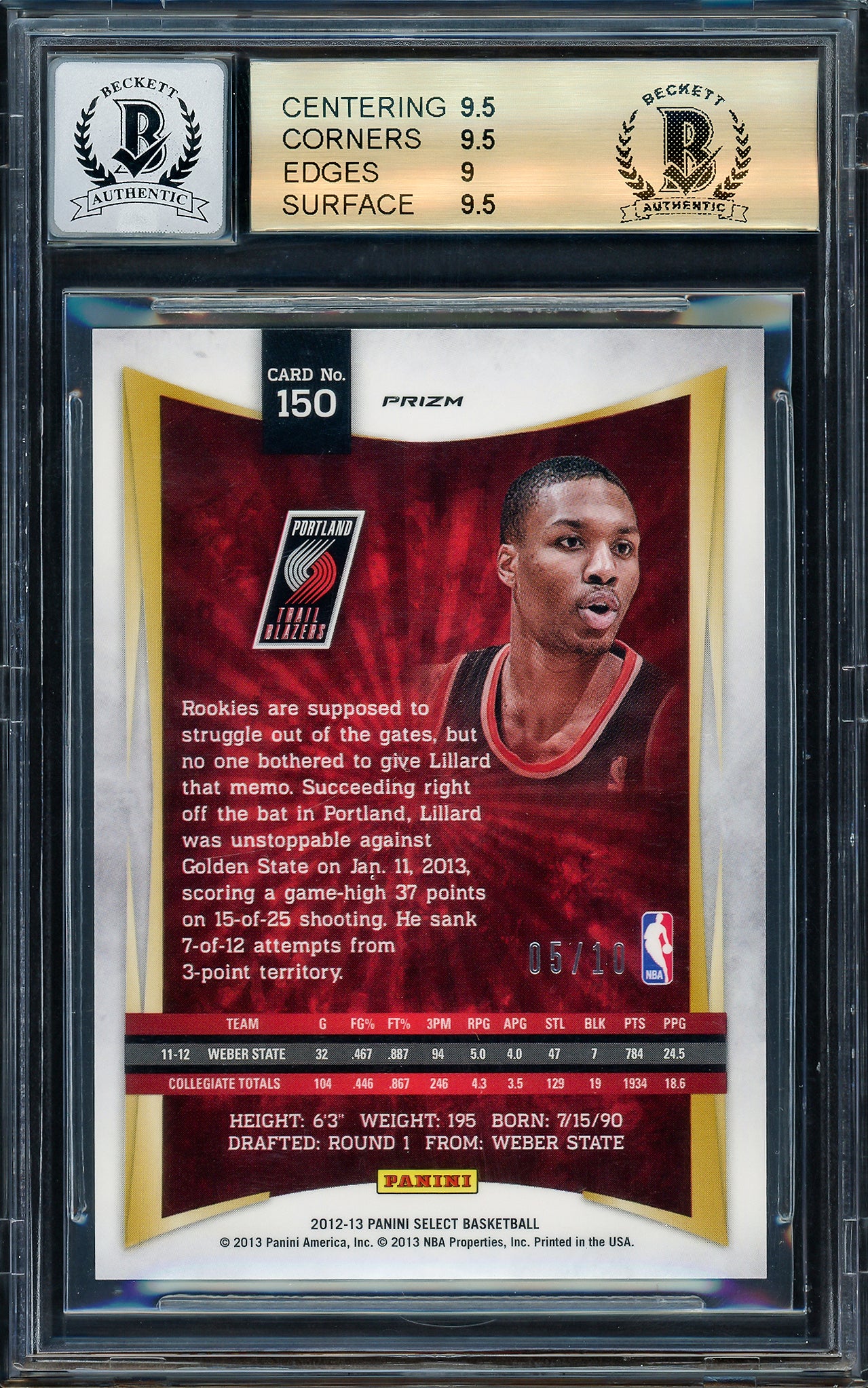 Damian Lillard Autographed 2012-13 Select Gold Prizms Rookie Card #150 Portland Trail Blazers BGS 9.5 Auto Grade Gem Mint 10 #5/10 Beckett BAS #14323696
