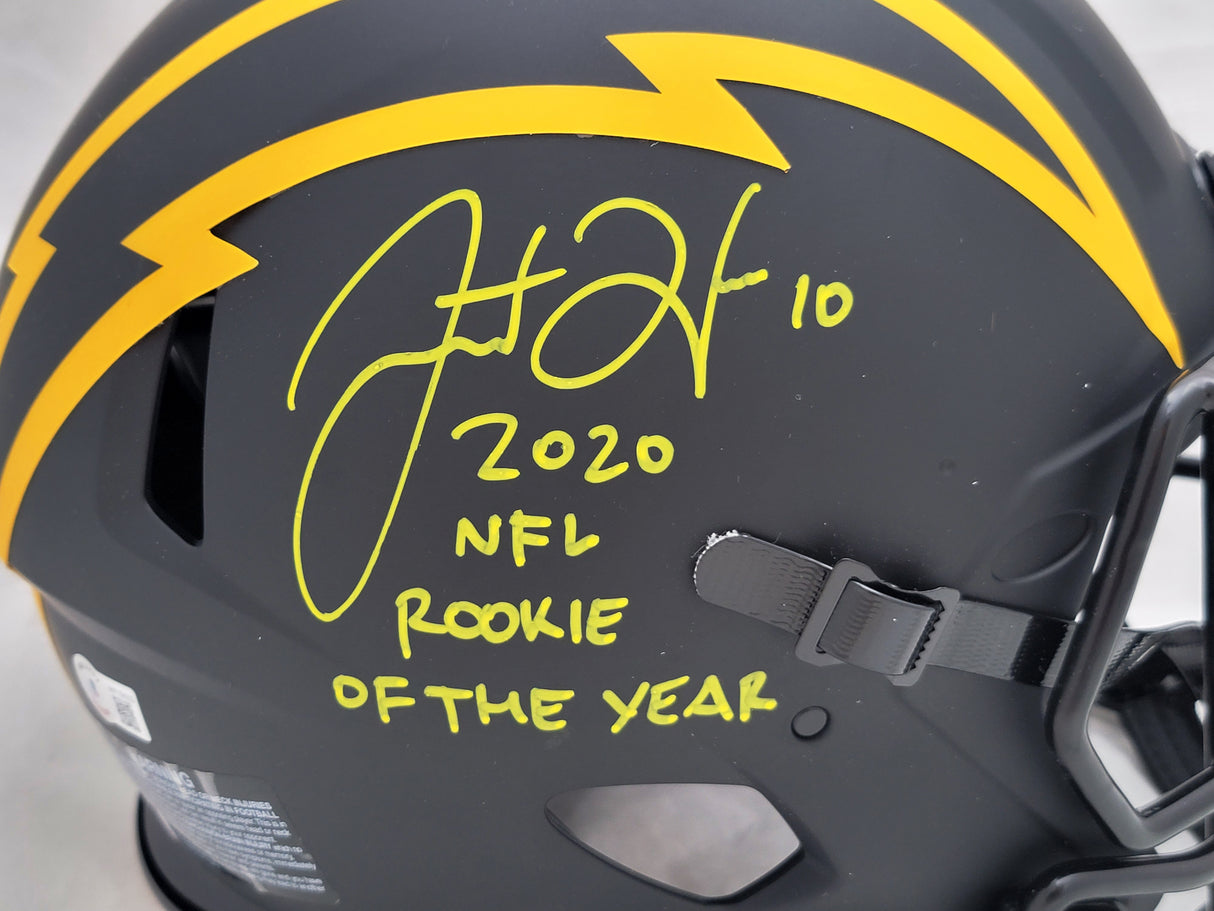 Justin Herbert Autographed Los Angeles Chargers Eclipse Black Full Size Authentic Speed Helmet "2020 NFL Rookie Of The Year" (Scuffed) Beckett BAS Witness Stock #206931