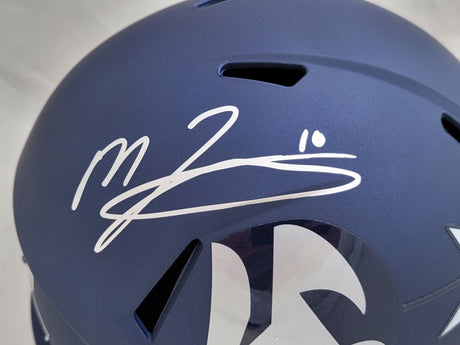 Mac Jones Autographed New England Patriots AMP Blue Full Size Replica Speed Helmet Beckett BAS Witness Stock #206519