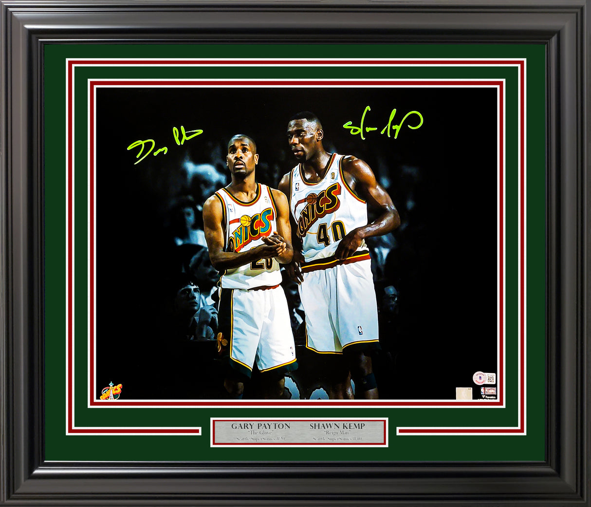 Gary Payton & Shawn Kemp Autographed Framed 16x20 Photo Seattle Supersonics Beckett BAS Stock #206941