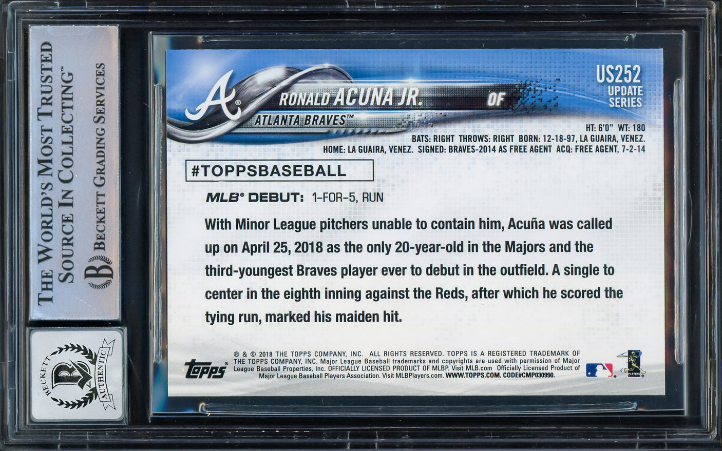 Ronald Acuna Jr. Autographed 2018 Topps Update Rookie Card #US252 Atlanta Braves Auto Grade Gem Mint 10 Beckett BAS #14393050