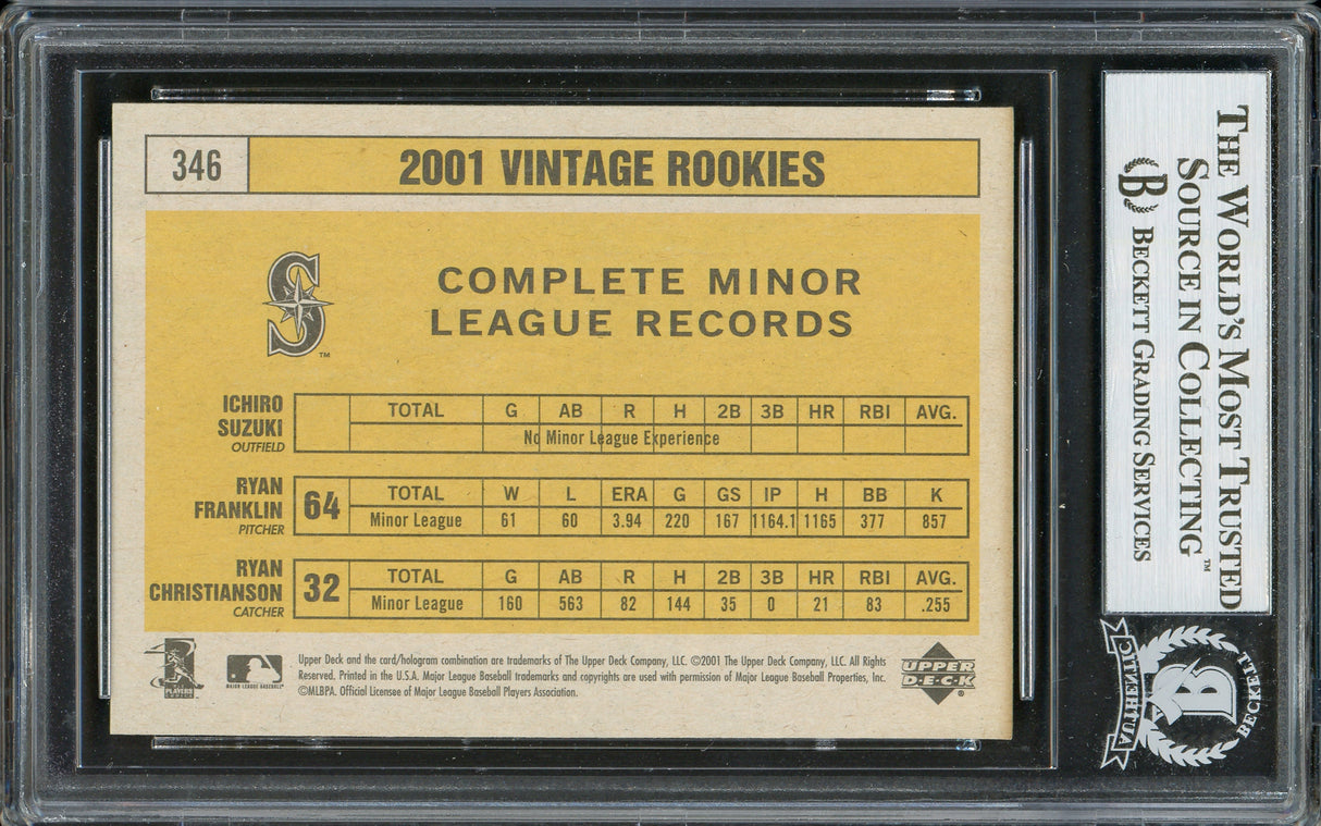 Ichiro Suzuki Autographed 2001 Upper Deck Vintage Rookie Card #346 Seattle Mariners Beckett BAS #13020818