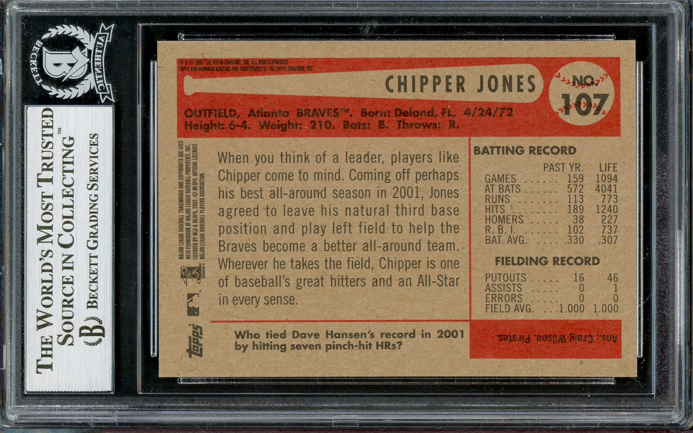 Chipper Jones Autographed 2002 Bowman Heritage Card #107 Atlanta Braves Beckett BAS #13020819