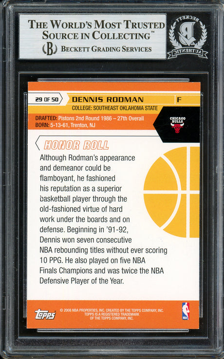 Dennis Rodman Autographed 2007-08 Topps 50th Anniversary Card #29 Chicago Bulls Beckett BAS Stock #195976