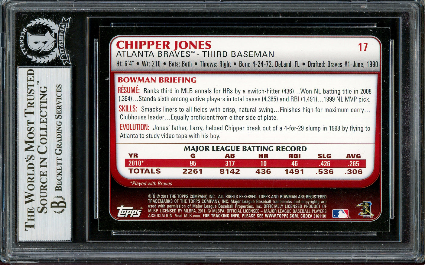 Chipper Jones Autographed 2011 Bowman Card #17 Atlanta Braves Beckett BAS #13020963