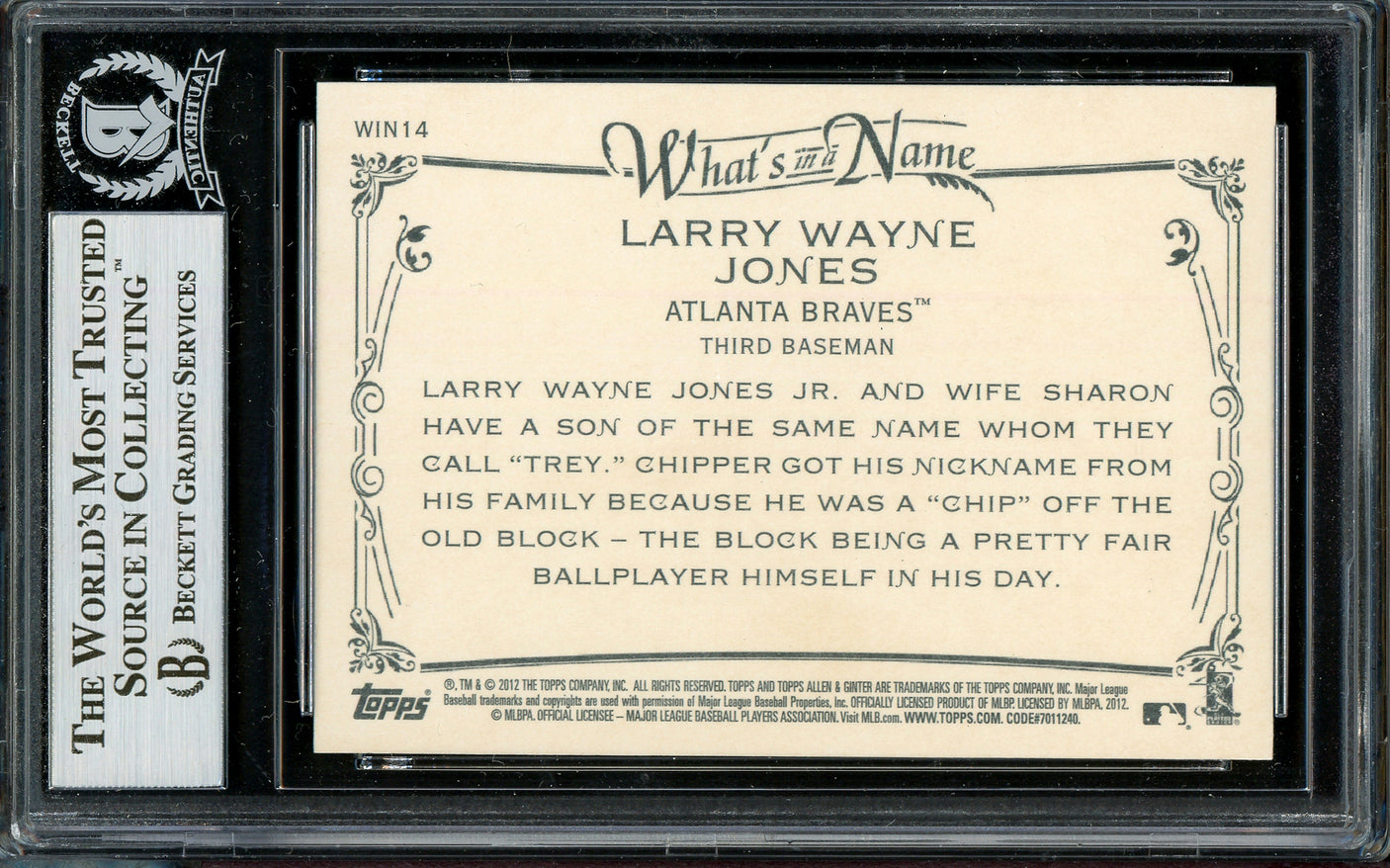 Chipper Jones Autographed 2012 Topps Allen & Ginter Card #WIN14 Atlanta Braves Beckett BAS #13020965
