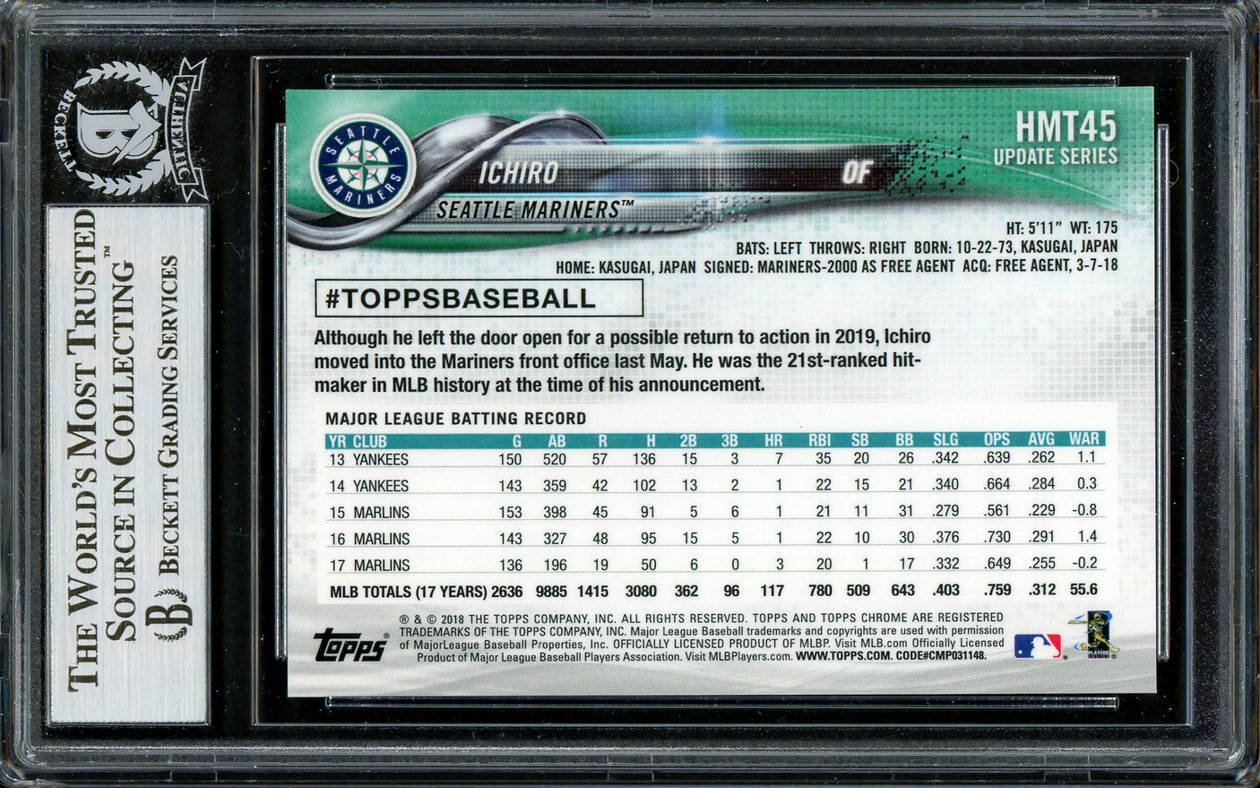 Ichiro Suzuki Autographed 2018 Topps Chrome Pink Refractor Card #HMT45 Seattle Mariners Beckett BAS #13020974