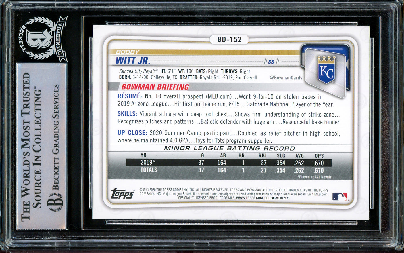 Bobby Witt Jr. Autographed 2020 Bowman Draft Rookie Card #BD-152 Kansas City Royals Beckett BAS Stock #206566