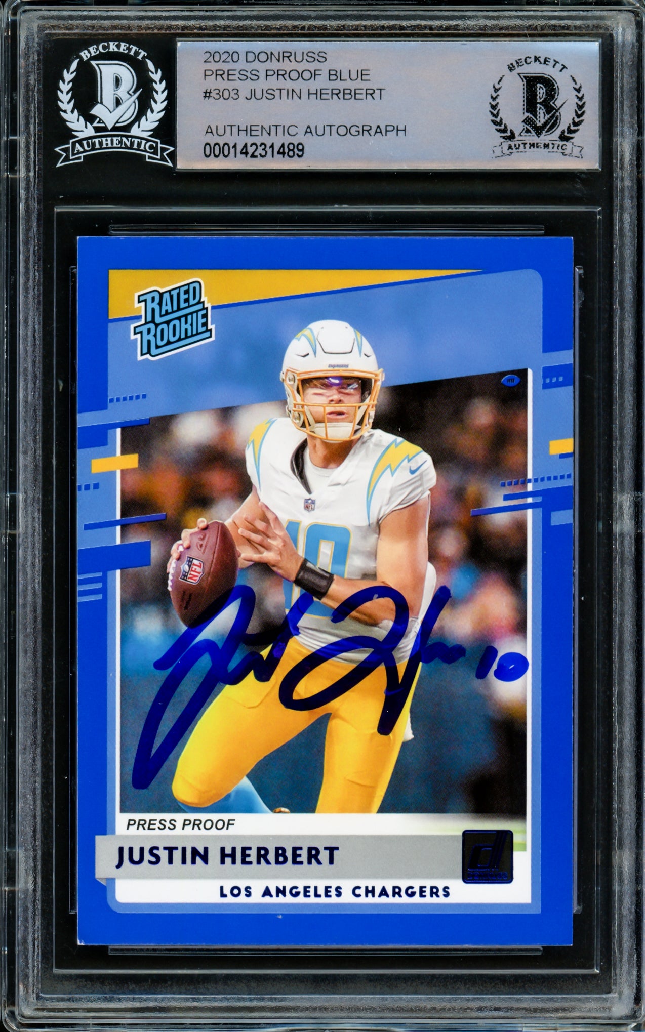 Justin Herbert Autographed 2020 Donruss Rated Rookie Blue Press Proof Rookie Card #303 Los Angeles Chargers Beckett BAS #14231489