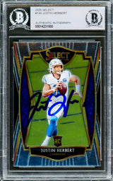 Justin Herbert Autographed 2020 Panini Select Premier Level Rookie Card #144 Los Angeles Chargers Beckett BAS #14231500