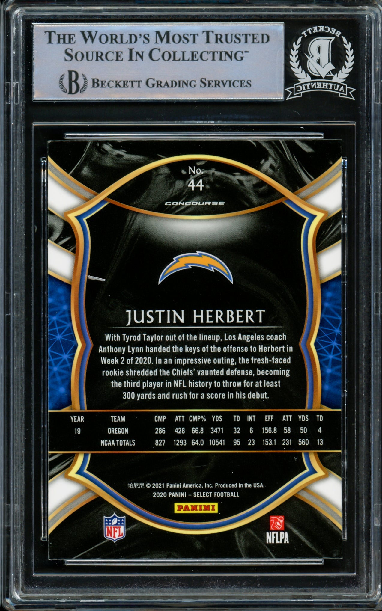Justin Herbert Autographed 2020 Panini Select Concourse Level Rookie Card #44 Los Angeles Chargers Beckett BAS #14231502