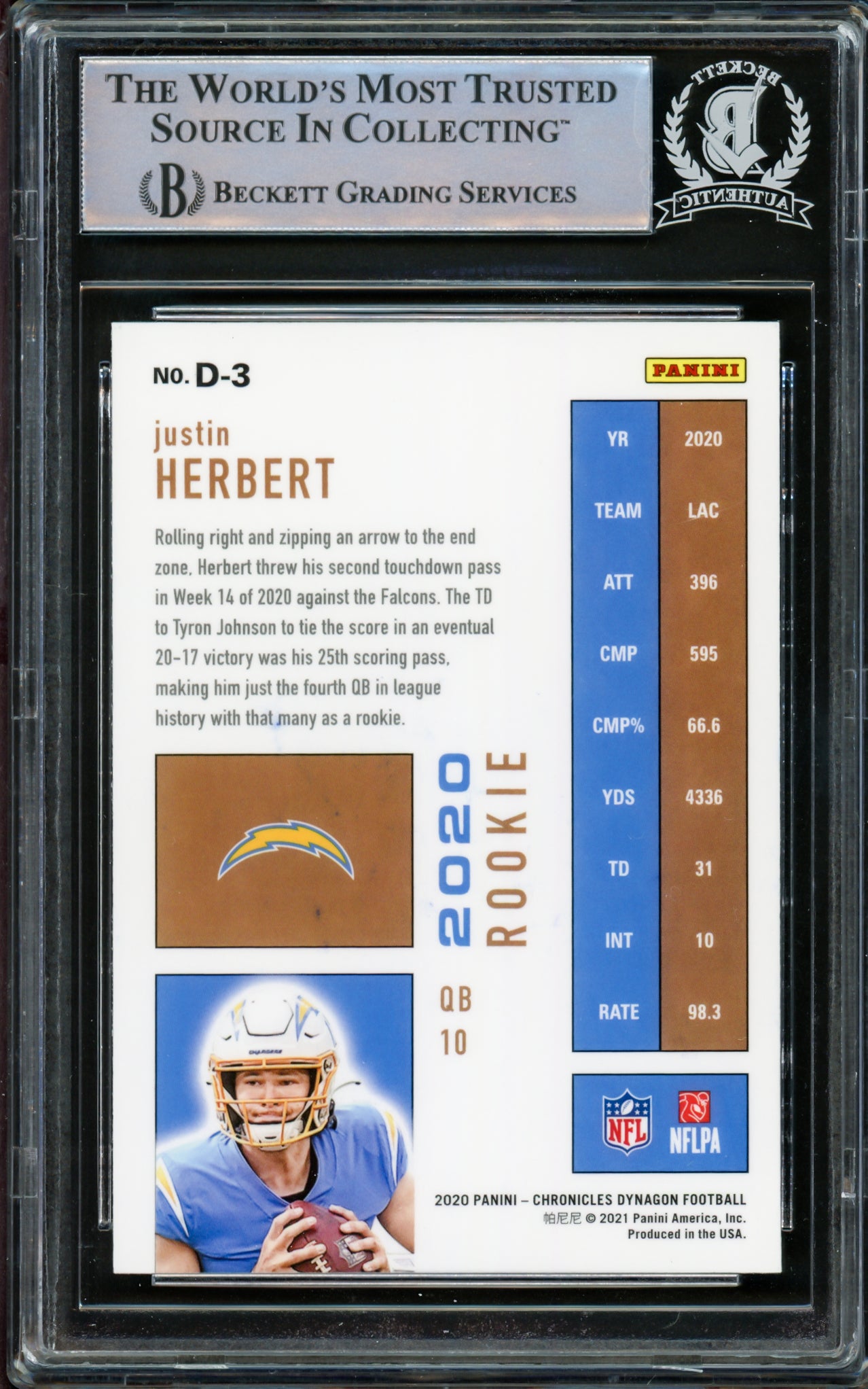 Justin Herbert Autographed 2020 Panini Chronicles Dynagon Rookie Card #D-3 Los Angeles Chargers Beckett BAS #14231506