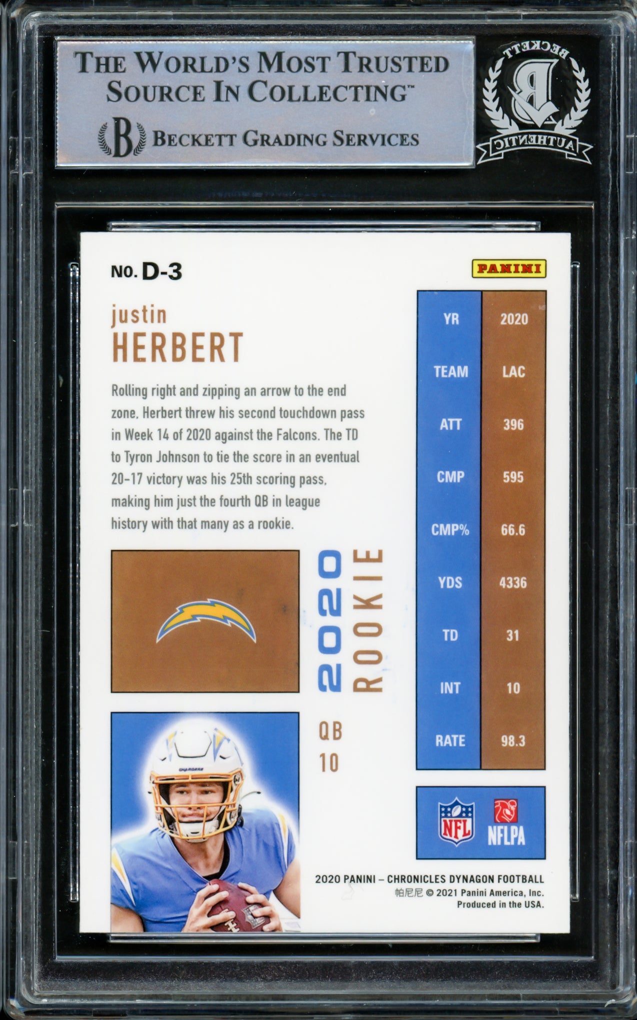 Justin Herbert Autographed 2020 Panini Chronicles Dynagon Rookie Card #D-3 Los Angeles Chargers Beckett BAS #14231507