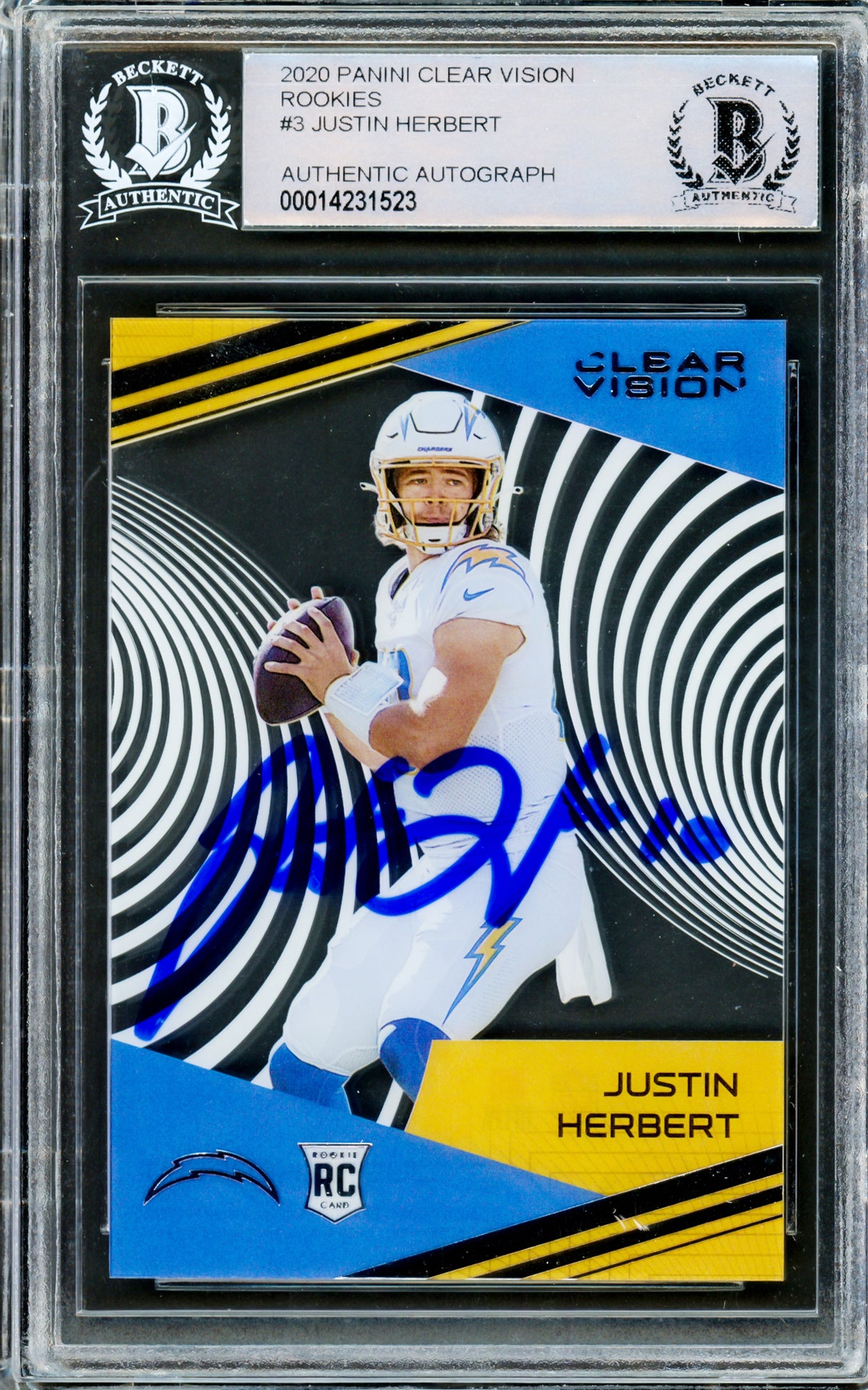 Justin Herbert Autographed 2020 Panini Chronicles Clear Dynagon Rookie Card #CV-3 Los Angeles Chargers Beckett BAS #14231523