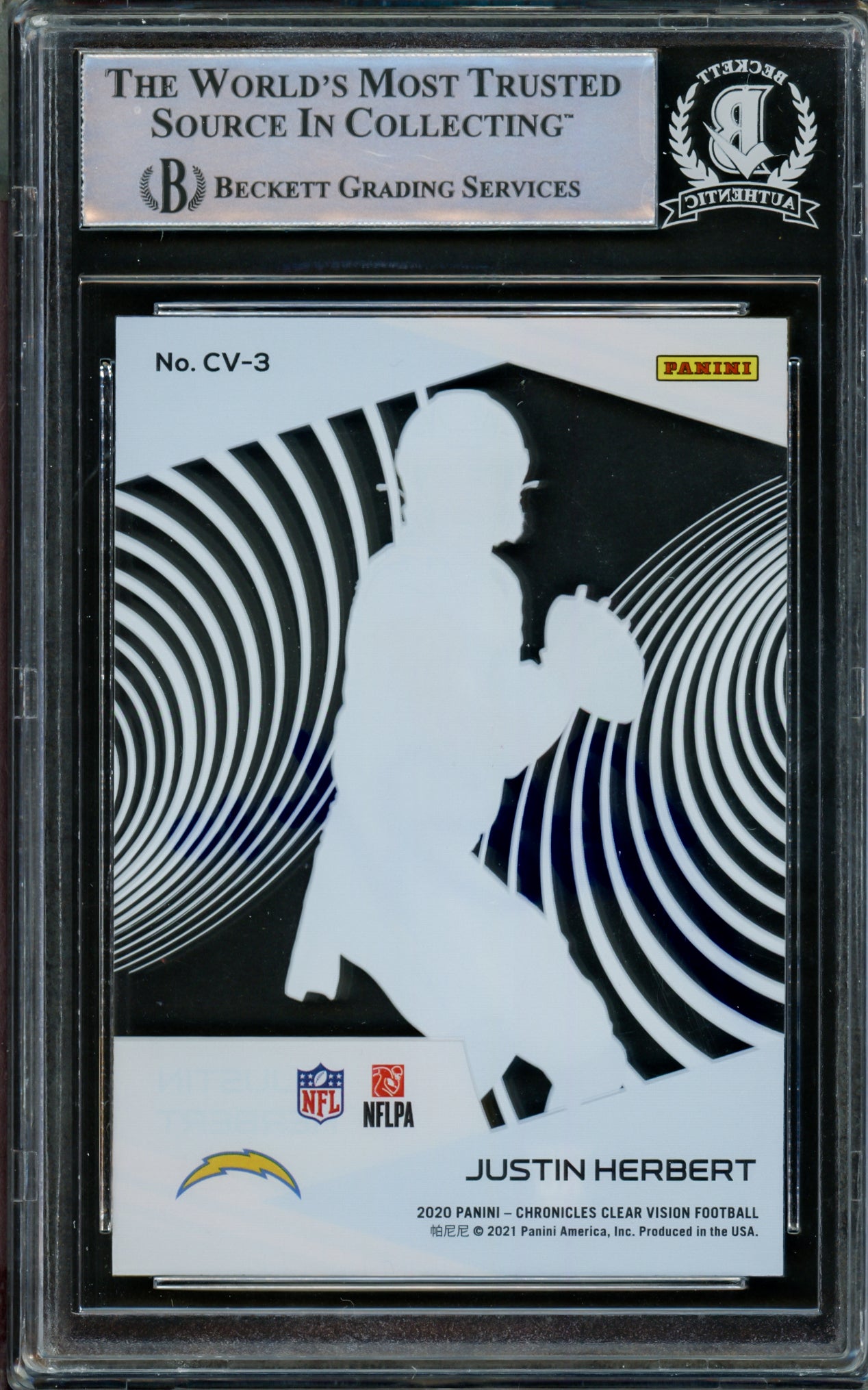 Justin Herbert Autographed 2020 Panini Chronicles Clear Dynagon Rookie Card #CV-3 Los Angeles Chargers Beckett BAS #14231523