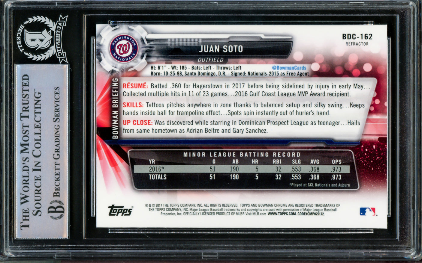 Juan Soto Autographed 2017 Bowman Chrome Draft Refractor Rookie Card #BDC162 New York Yankees Beckett BAS #14231528